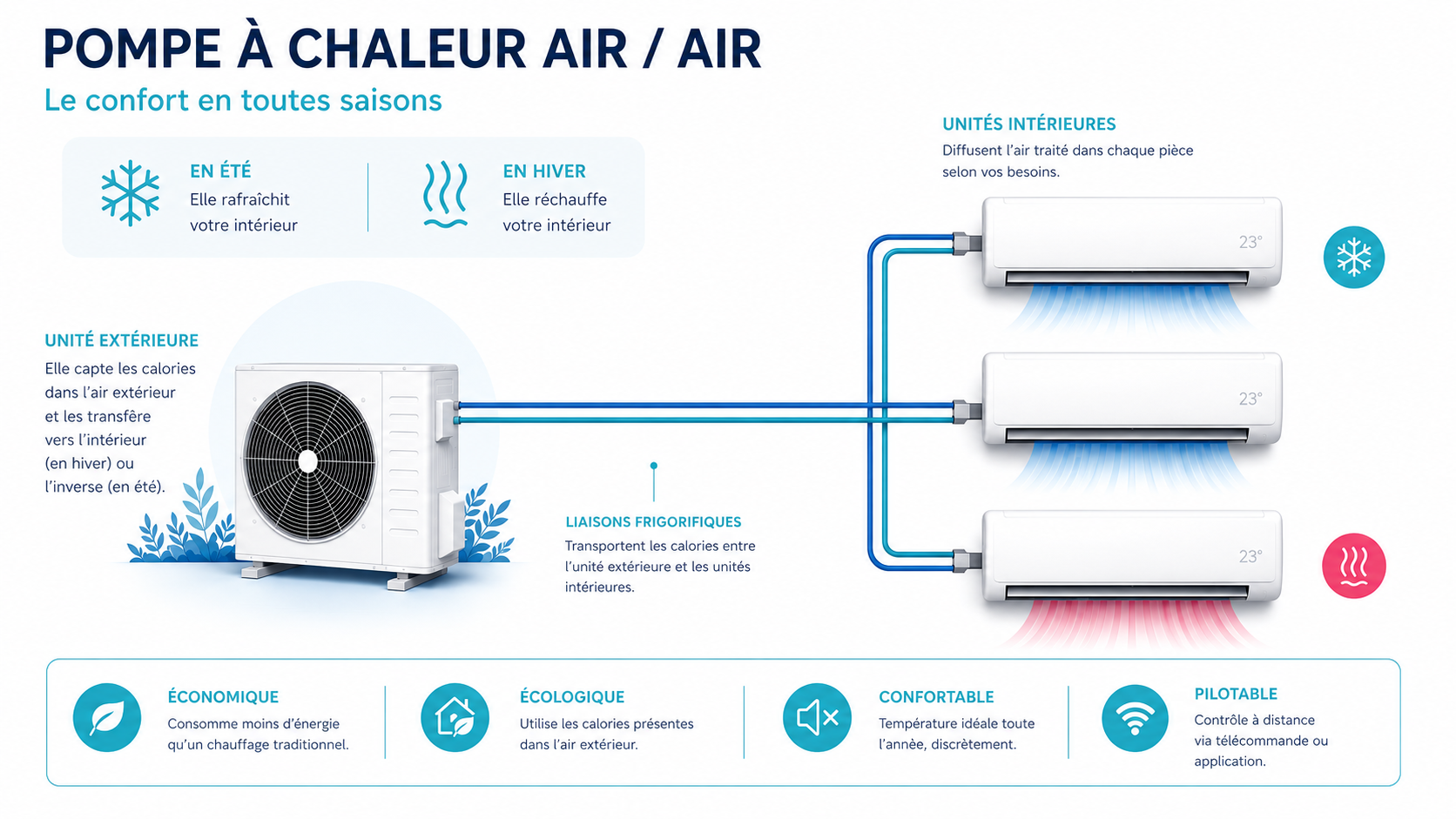 Schéma d'une pompe à chaleur air/air : unité extérieure, liaisons frigorifiques et unités intérieures